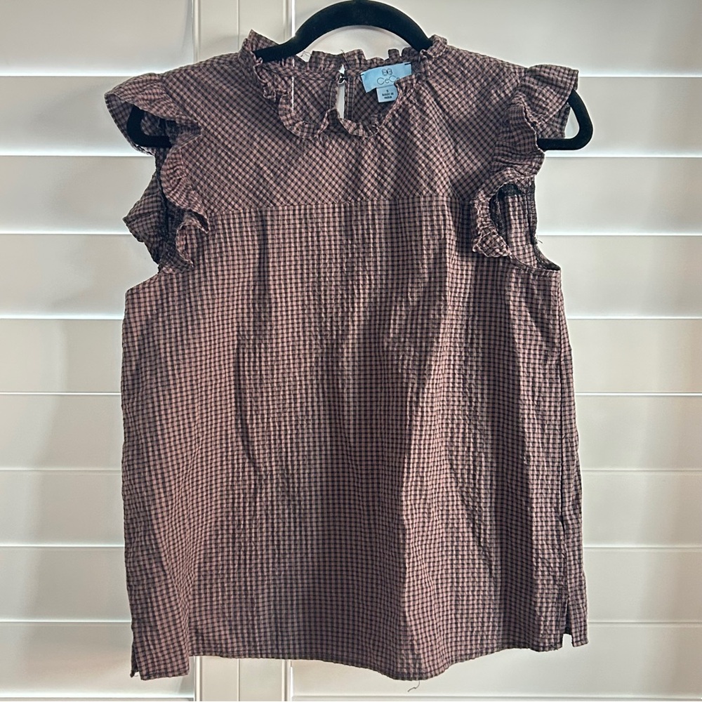 CeCe Ruffle Detail Checked Gingham Sleeveless Blouse Brown Multi Size Med
